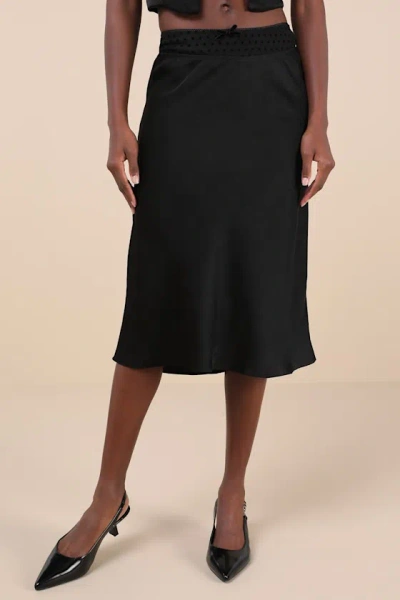 Nia Mira Black Satin Mesh Polka Dot Midi Skirt In Black
