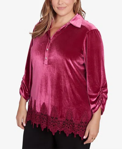 Ruby Rd. Plus Size Stretch Velvet Lace Trim Top In Beet