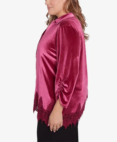 Ruby Rd. Plus Size Stretch Velvet Lace Trim Top In Beet