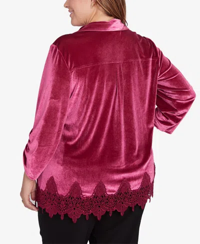 Ruby Rd. Plus Size Stretch Velvet Lace Trim Top In Beet