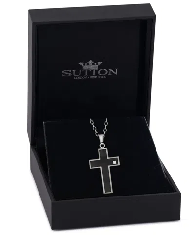 Rhona Sutton Stainless Steel Cross Pendant With Black Enamel Crystal Stone Necklace In Silver