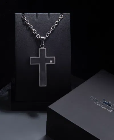 Rhona Sutton Stainless Steel Cross Pendant With Black Enamel Crystal Stone Necklace In Silver