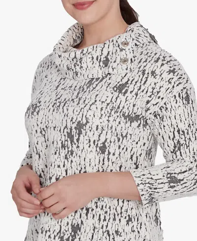 Ruby Rd. Petite Split Cowl Neck Chenille Jacquard Knit Top In Ivory,black