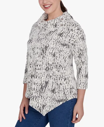Ruby Rd. Petite Split Cowl Neck Chenille Jacquard Knit Top In Ivory,black