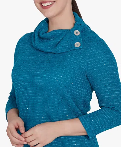 Ruby Rd. Petite Split Cowl Neck Sequin Knit Top In Jade