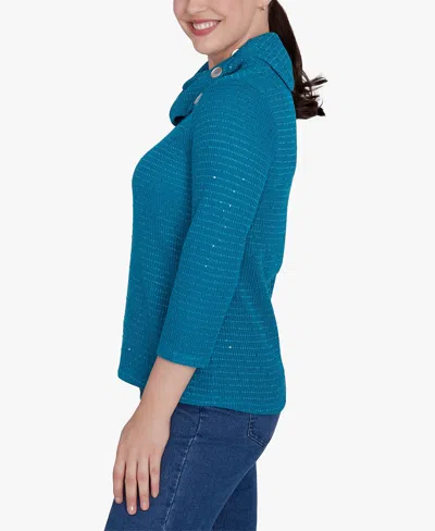 Ruby Rd. Petite Split Cowl Neck Sequin Knit Top In Jade