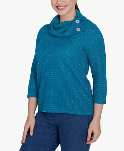 Ruby Rd. Petite Split Cowl Neck Sequin Knit Top In Jade