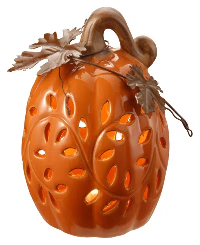 National Tree Company 6" Ceramic Pumpkin Decoration, Led Lights, Autumn Collection In Orange