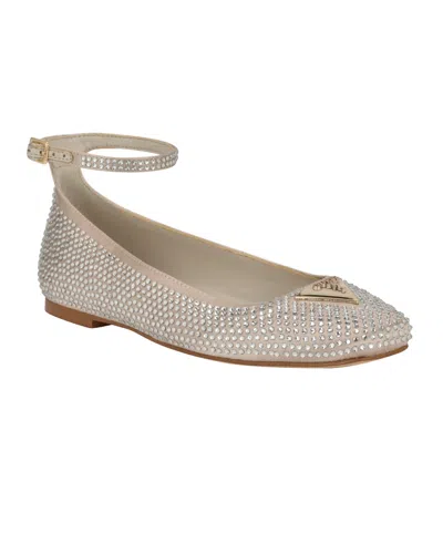Guess Women's Levvise Square Toe Ballet Flat In Light Natural Satin Rhinestone