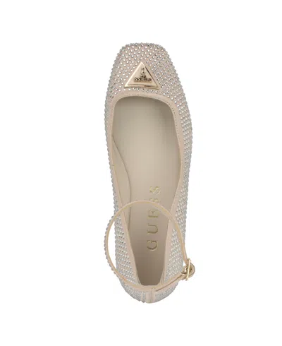 Guess Women's Levvise Square Toe Ballet Flat In Light Natural Satin Rhinestone