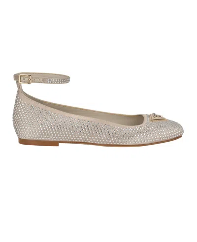 Guess Women's Levvise Square Toe Ballet Flat In Light Natural Satin Rhinestone