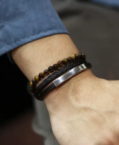 Rhona Sutton Tigers Eye Plated Leather Stainless Steel Bracelet In Silver