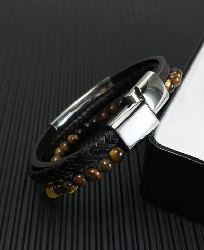 Rhona Sutton Tigers Eye Plated Leather Stainless Steel Bracelet In Silver