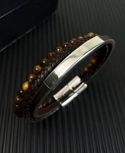 Rhona Sutton Tigers Eye Plated Leather Stainless Steel Bracelet In Silver