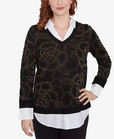 Ruby Rd. Petite V-neck Metallic Floral Layered Shirt Collar Sweater In Black,gold