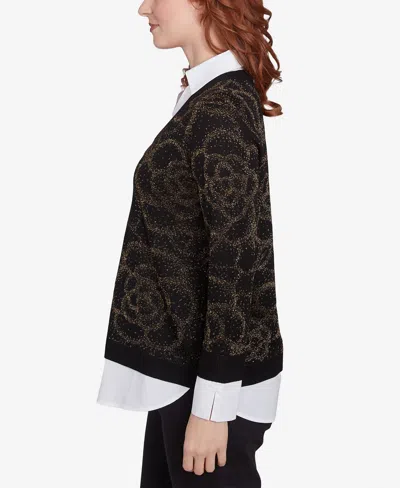 Ruby Rd. Petite V-neck Metallic Floral Layered Shirt Collar Sweater In Black,gold