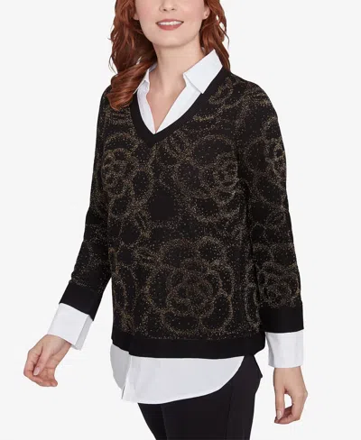 Ruby Rd. Petite V-neck Metallic Floral Layered Shirt Collar Sweater In Black,gold