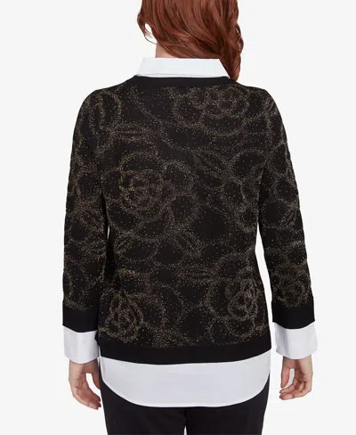 Ruby Rd. Petite V-neck Metallic Floral Layered Shirt Collar Sweater In Black,gold