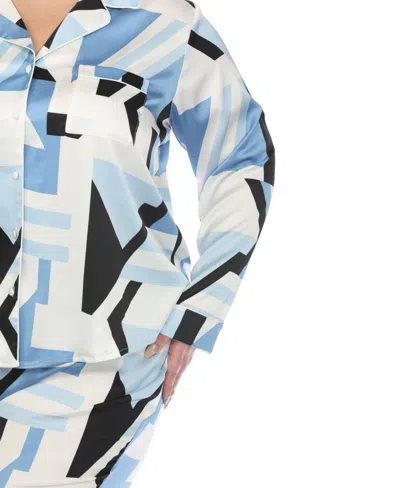 White Mark Plus Size Printed Satin Pajama Set In Blue