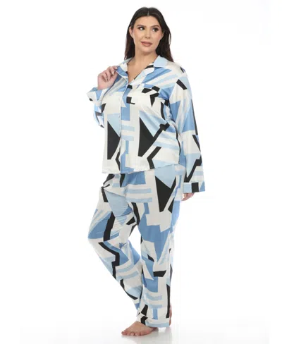 White Mark Plus Size Printed Satin Pajama Set In Blue