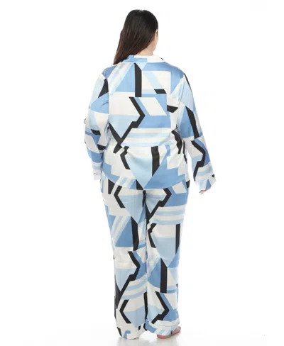 White Mark Plus Size Printed Satin Pajama Set In Blue