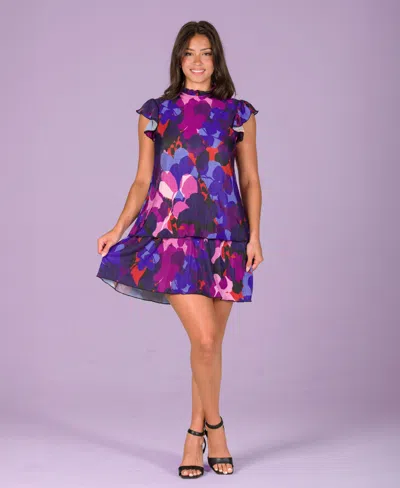 24seven Comfort Apparel Abstract Floral Tiered Knit Minidress In Multi