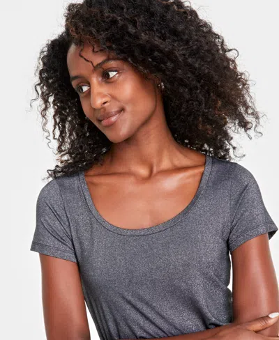 On 34th Women's Short-sleeve Solid Shine Top, Created For Macy's In Deep Black