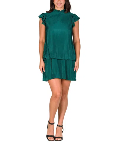 24seven Comfort Apparel Petite Ruffle Cap Sleeve Pleated Tiered Mini Dress In Green