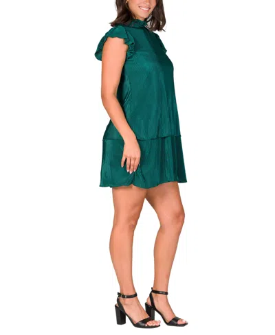 24seven Comfort Apparel Petite Ruffle Cap Sleeve Pleated Tiered Mini Dress In Green