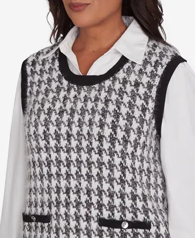Alfred Dunner Petite Runway Ready Collared Houndstooth Vest Two In One Sweater In Multi Black