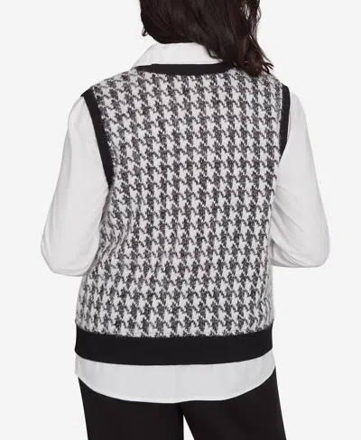 Alfred Dunner Petite Runway Ready Collared Houndstooth Vest Two In One Sweater In Multi Black