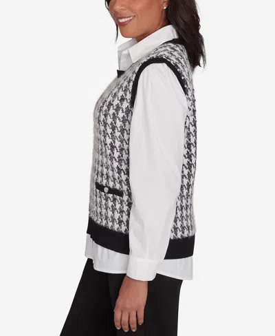 Alfred Dunner Petite Runway Ready Collared Houndstooth Vest Two In One Sweater In Multi Black
