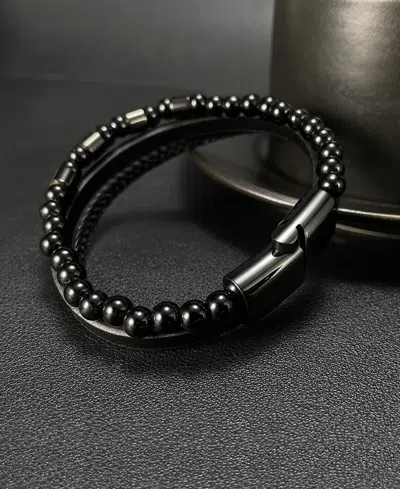 Rhona Sutton Leather Black Beaded Stainless Steel Bracelet In Black