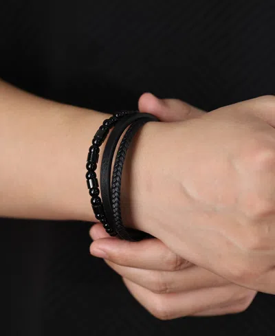 Rhona Sutton Leather Black Beaded Stainless Steel Bracelet In Black