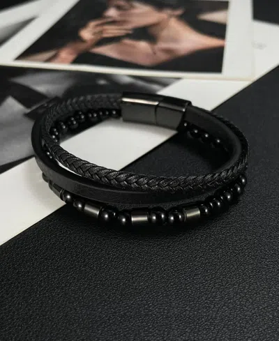 Rhona Sutton Leather Black Beaded Stainless Steel Bracelet In Black