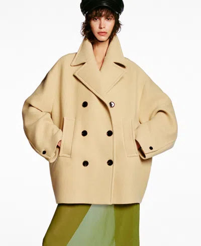 Mango Double Breasted Virgin Wool Blend Coat In Medium Brown