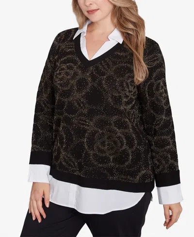 Ruby Rd. Plus Size Metallic Floral Layered Shirt Collar Sweater In Black,gold