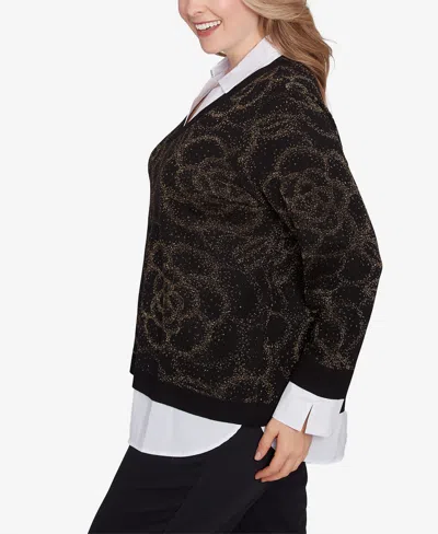 Ruby Rd. Plus Size Metallic Floral Layered Shirt Collar Sweater In Black,gold