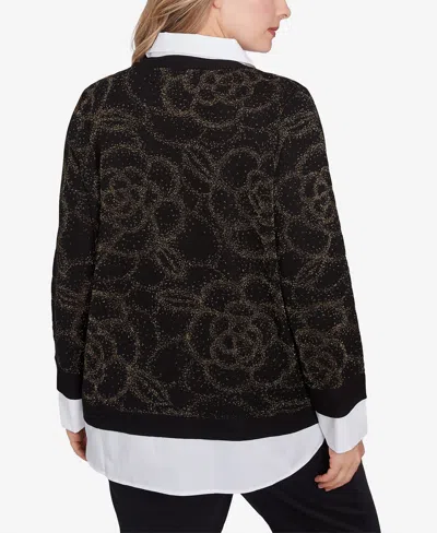 Ruby Rd. Plus Size Metallic Floral Layered Shirt Collar Sweater In Black,gold