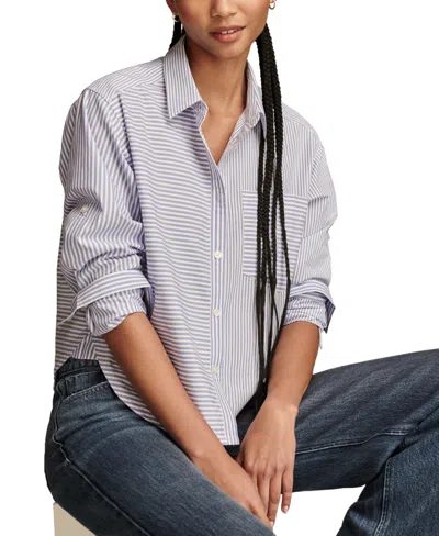 Lucky Brand Stripe Cotton Crop Button-up Shirt In Blue Stripe