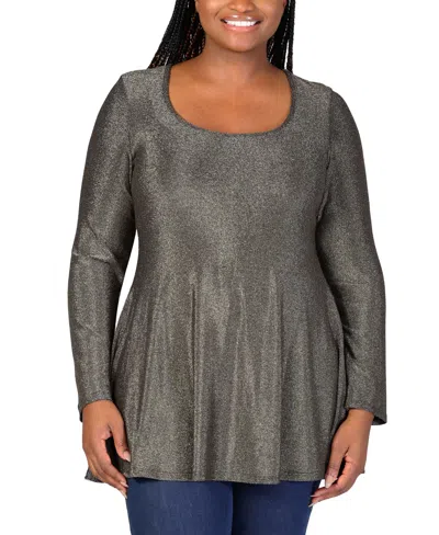 24seven Comfort Apparel Plus Size Scoop Neck Shimmery Tunic Top In Gold