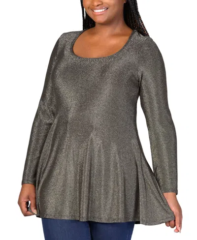 24seven Comfort Apparel Plus Size Scoop Neck Shimmery Tunic Top In Gold