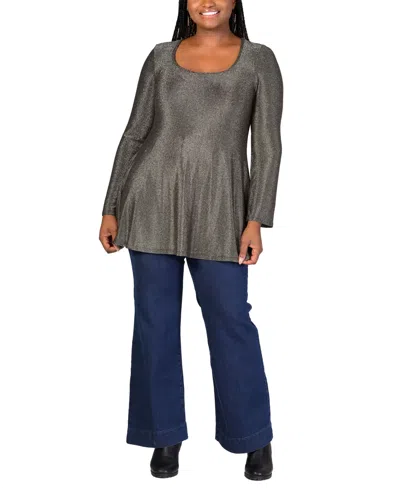 24seven Comfort Apparel Plus Size Scoop Neck Shimmery Tunic Top In Gold