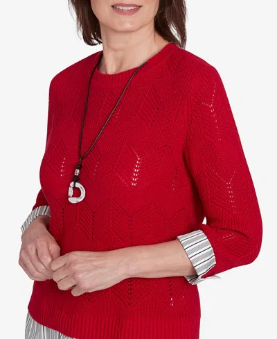 Alfred Dunner Runway Ready Women's Woven Chevron Top With Stripe Contrast In Red