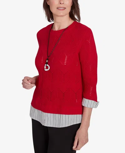 Alfred Dunner Runway Ready Women's Woven Chevron Top With Stripe Contrast In Red