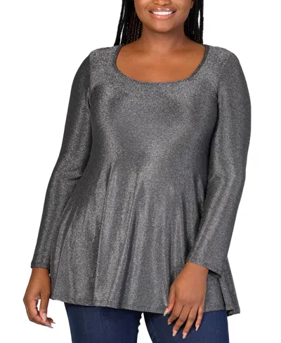 24seven Comfort Apparel Plus Size Scoop Neck Shimmery Tunic Top In Silver