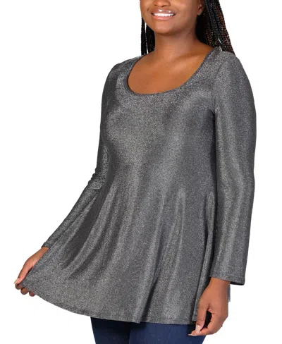 24seven Comfort Apparel Plus Size Scoop Neck Shimmery Tunic Top In Silver