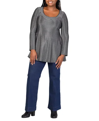 24seven Comfort Apparel Plus Size Scoop Neck Shimmery Tunic Top In Silver