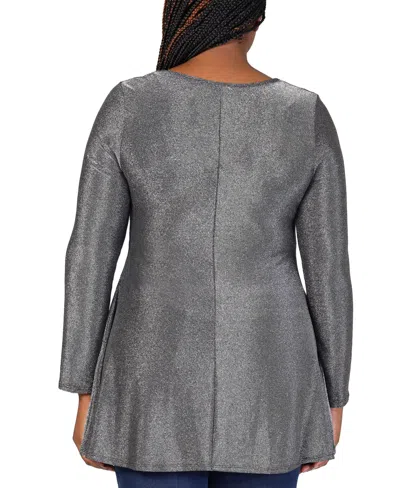 24seven Comfort Apparel Plus Size Scoop Neck Shimmery Tunic Top In Silver