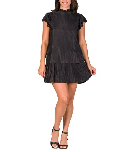 24seven Comfort Apparel Petites Ruffle Cap Sleeve High Neck Pleated Tiered Mini Dress In Black